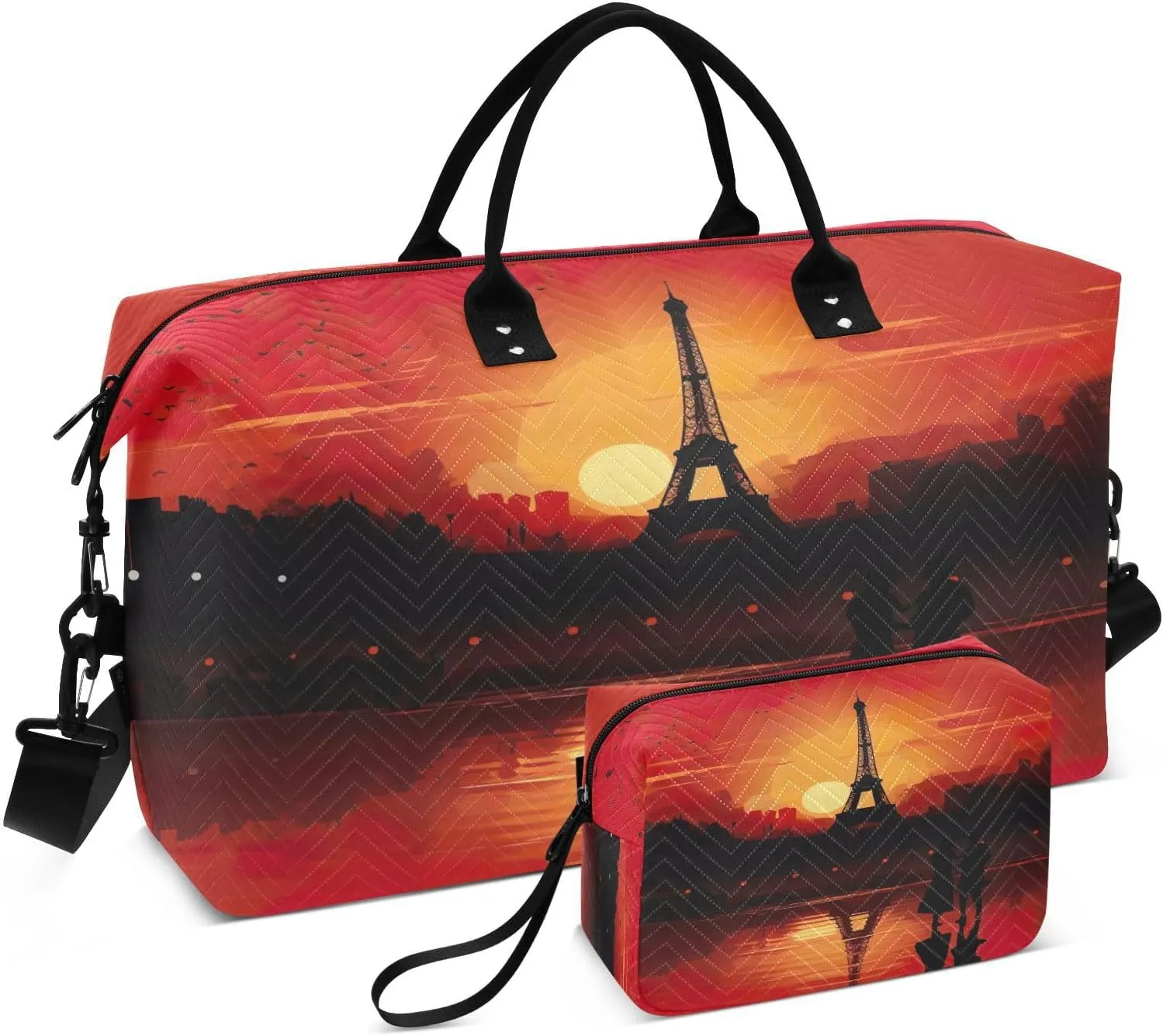 Eiffel Tower Sunset Lover Travel Duffel Bag with Toiletry Bag Weekender Bag for Carry on Sports Gym Bag for Shopping Gym Travel