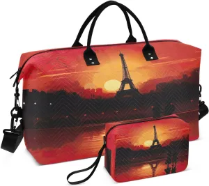 Eiffel Tower Sunset Lover Travel Duffel Bag with Toiletry Bag Weekender Bag for Carry on Sports Gym Bag for Shopping Gym Travel