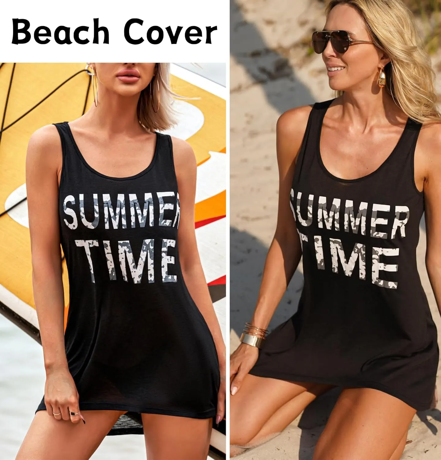 Ekouaer Women's Sleeveless Swimwear Coverups T-Shirt Beach Dress Tank Bikini Cover Up with Print