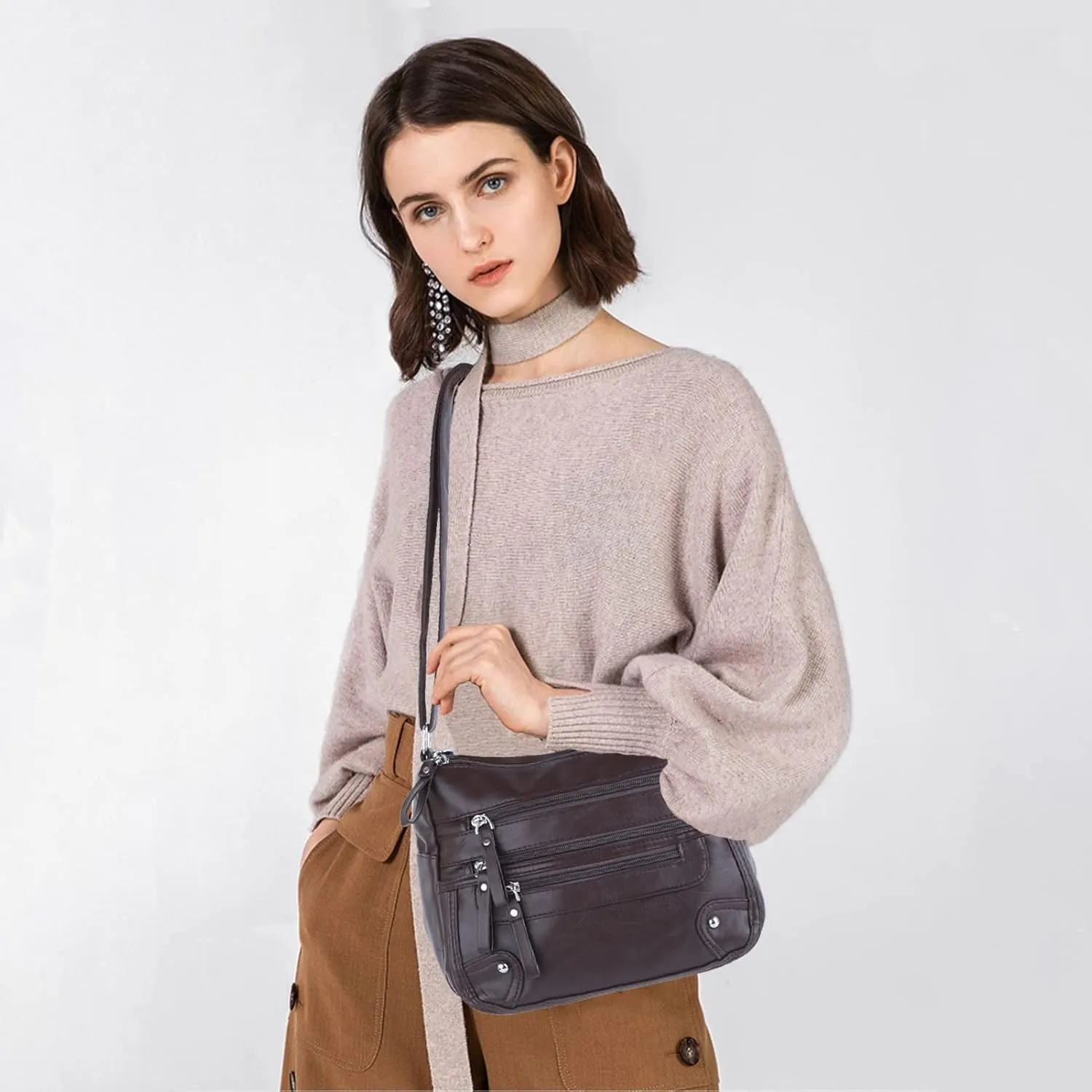 ELDA 10 Pockets Crossbody Purses for Women Medium Pocketbooks Lightweight Ladies Satchel Bag Multi Pocket Shoulder Handbag
