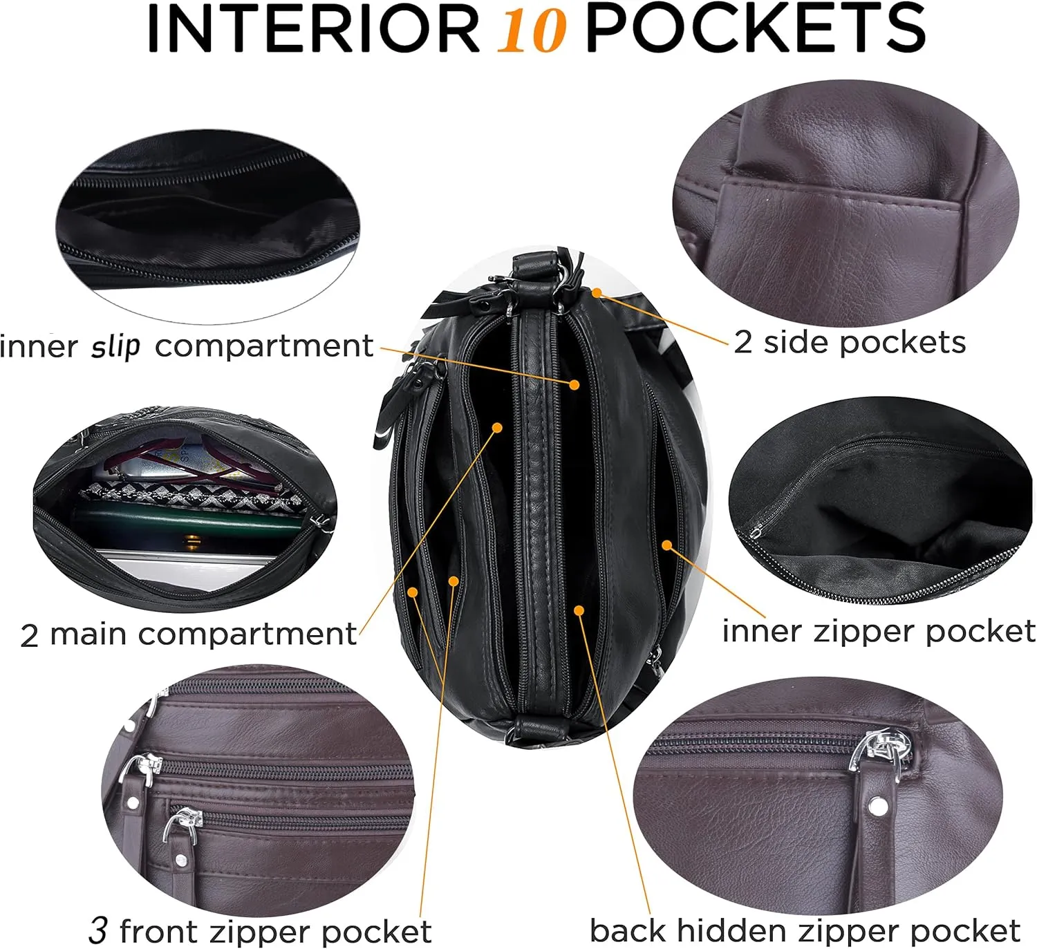 ELDA 10 Pockets Crossbody Purses for Women Medium Pocketbooks Lightweight Ladies Satchel Bag Multi Pocket Shoulder Handbag