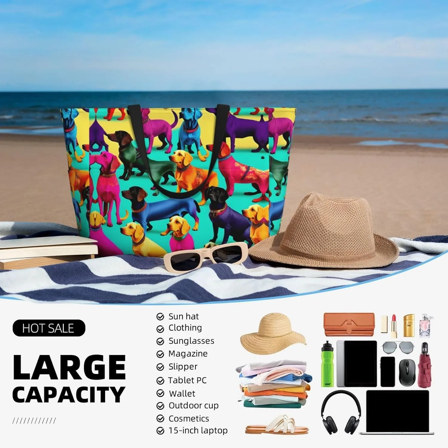 Elephant Family Large Capacity Beach Travel Bag - Waterproof Zipper Vacation Tote for Sandproof Storage, and Camping