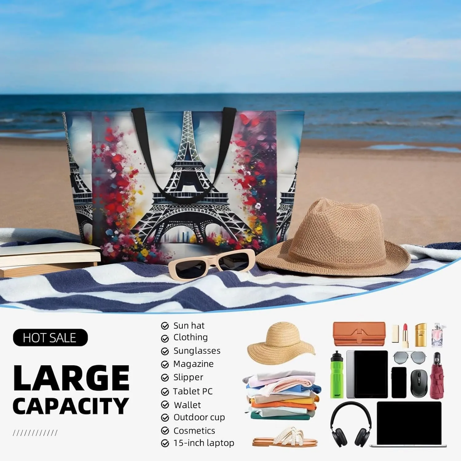 Elephant Family Large Capacity Beach Travel Bag - Waterproof Zipper Vacation Tote for Sandproof Storage, and Camping
