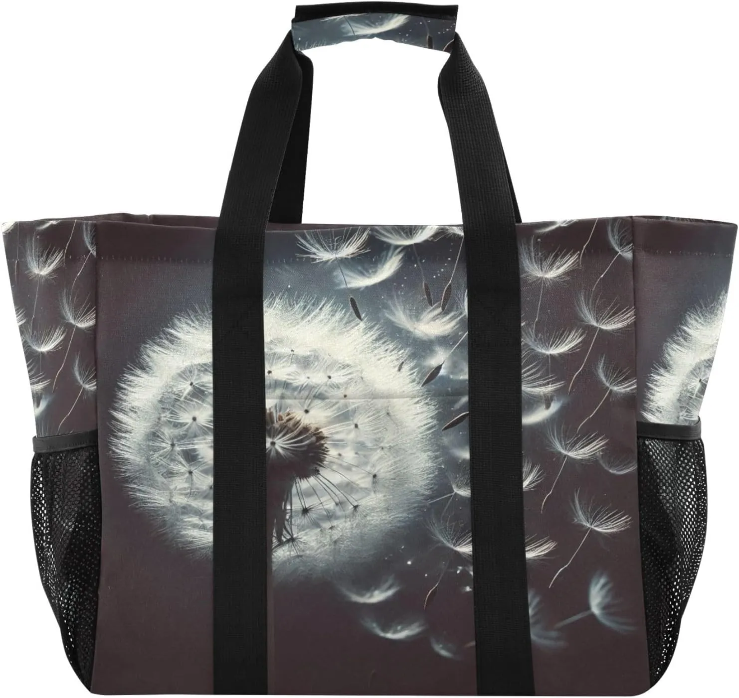 Emelivor Dandelions Black Large Tote Bag Canvas Travel Beach Tote Bag Shoulder Grocery Bags Foldable Handbags PoolBag for Women Shopping Work Gym with Handle