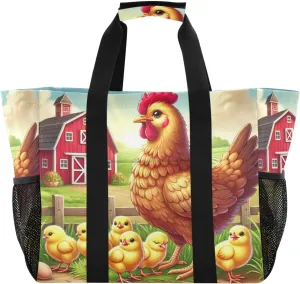 Emelivor Hen Chicks Yellow Large Tote Bag Foldable Diaper Grocery Bags Canvas Travel Beach Tote Bag Handbags Pool Bag for Women Shopping Work Gym with Handle
