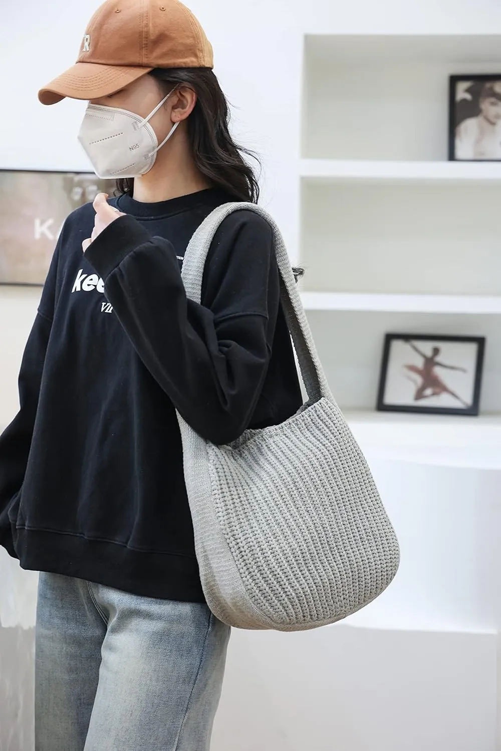 ENBEI Women's Crochet Tote Bag Knit Shoulder bag,Aesthetic Bag,Cute Eco-Friendly Tote for Travel,Daily Use,Gift Box Packaging
