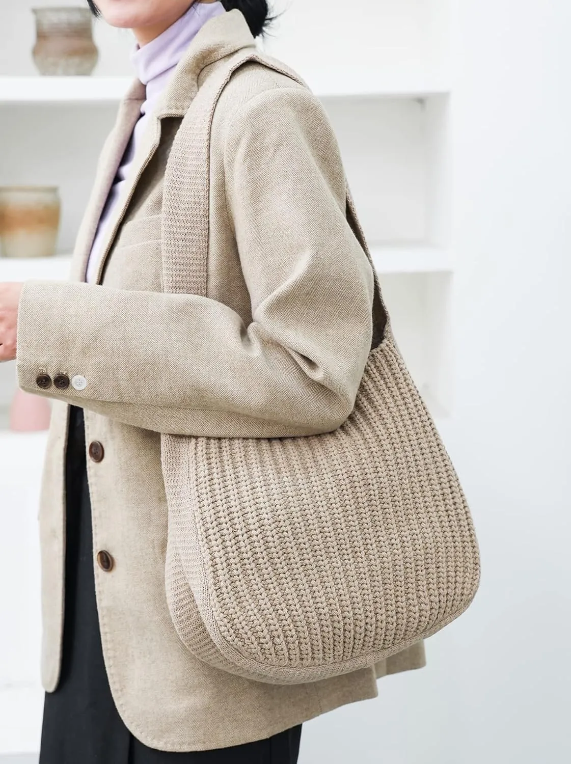 ENBEI Women's Crochet Tote Bag Knit Shoulder bag,Aesthetic Bag,Cute Eco-Friendly Tote for Travel,Daily Use,Gift Box Packaging