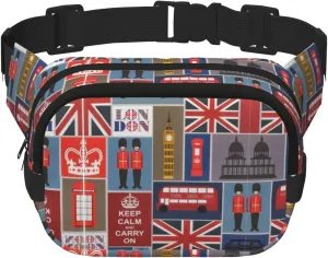 England Symbols Print Square Waist Purse Double Layer Fanny BagTrendy Travel Waist Bag for Men and Women