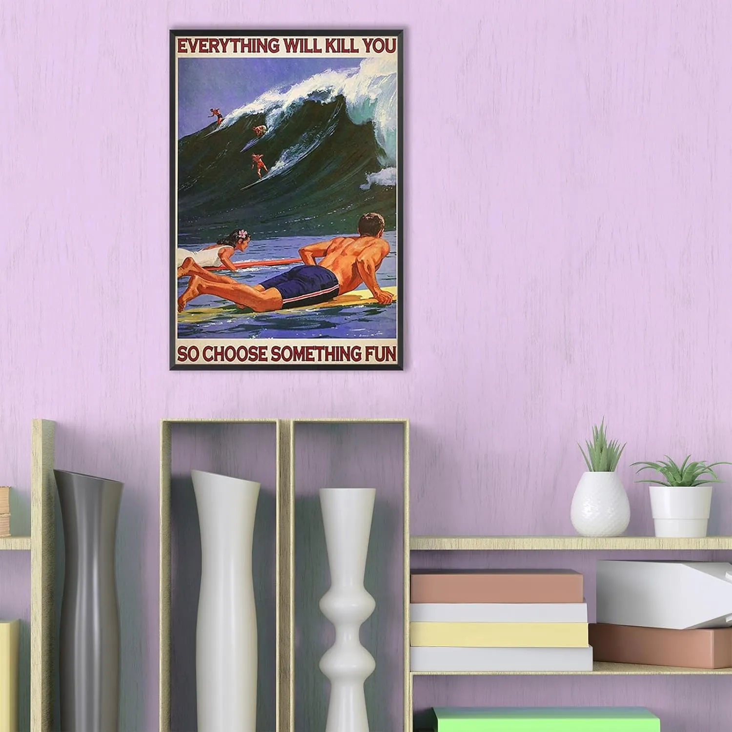 Enveable Retro Hawaii Surfing Fun Poster Summer Tropical Beach Hawaiian Island Beach Art Blue Ocean Wave Surfer Water Sport Surfboard Prints For Home Bedroom Dorm Bathroom Wall Decor 12x16in Framed
