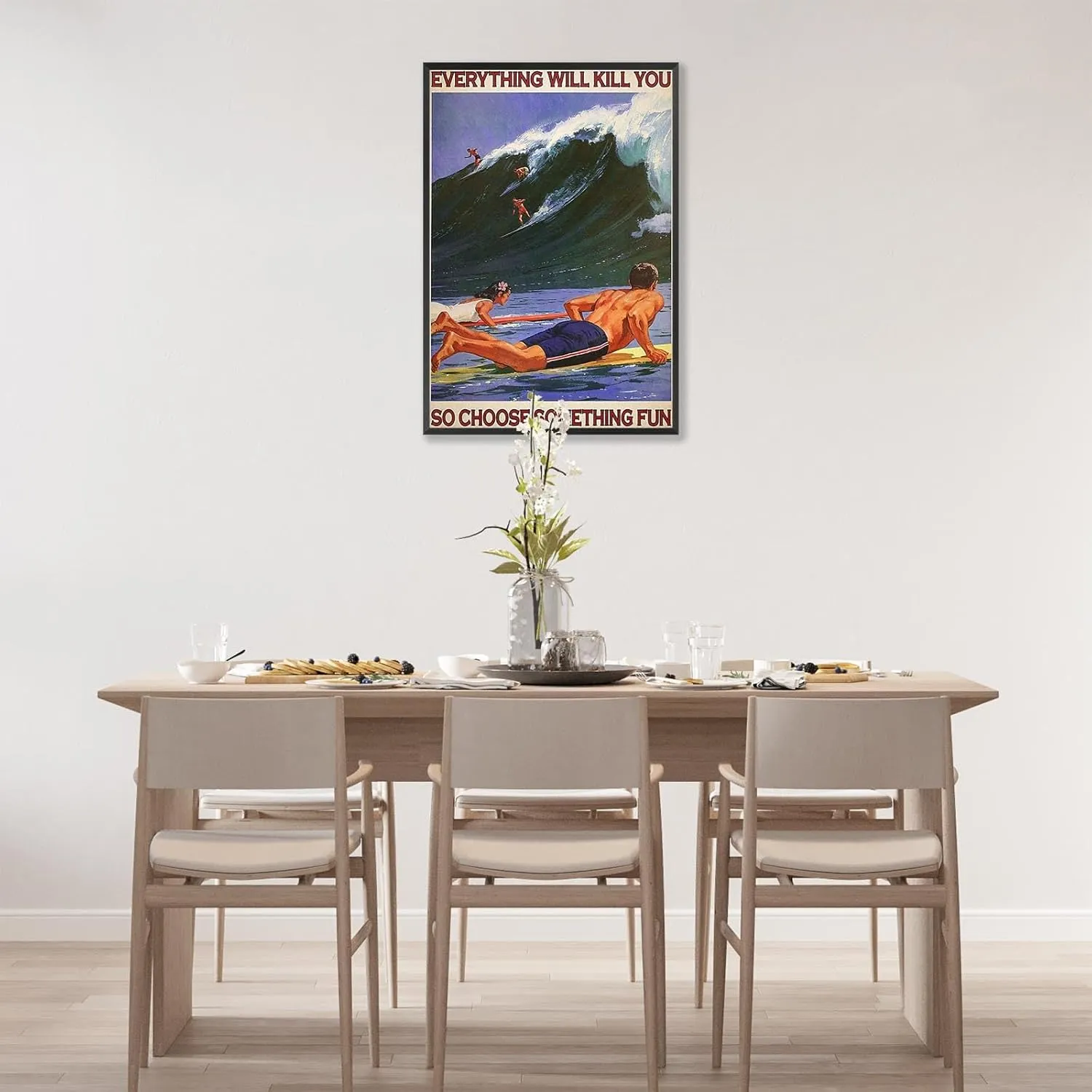 Enveable Retro Hawaii Surfing Fun Poster Summer Tropical Beach Hawaiian Island Beach Art Blue Ocean Wave Surfer Water Sport Surfboard Prints For Home Bedroom Dorm Bathroom Wall Decor 12x16in Framed