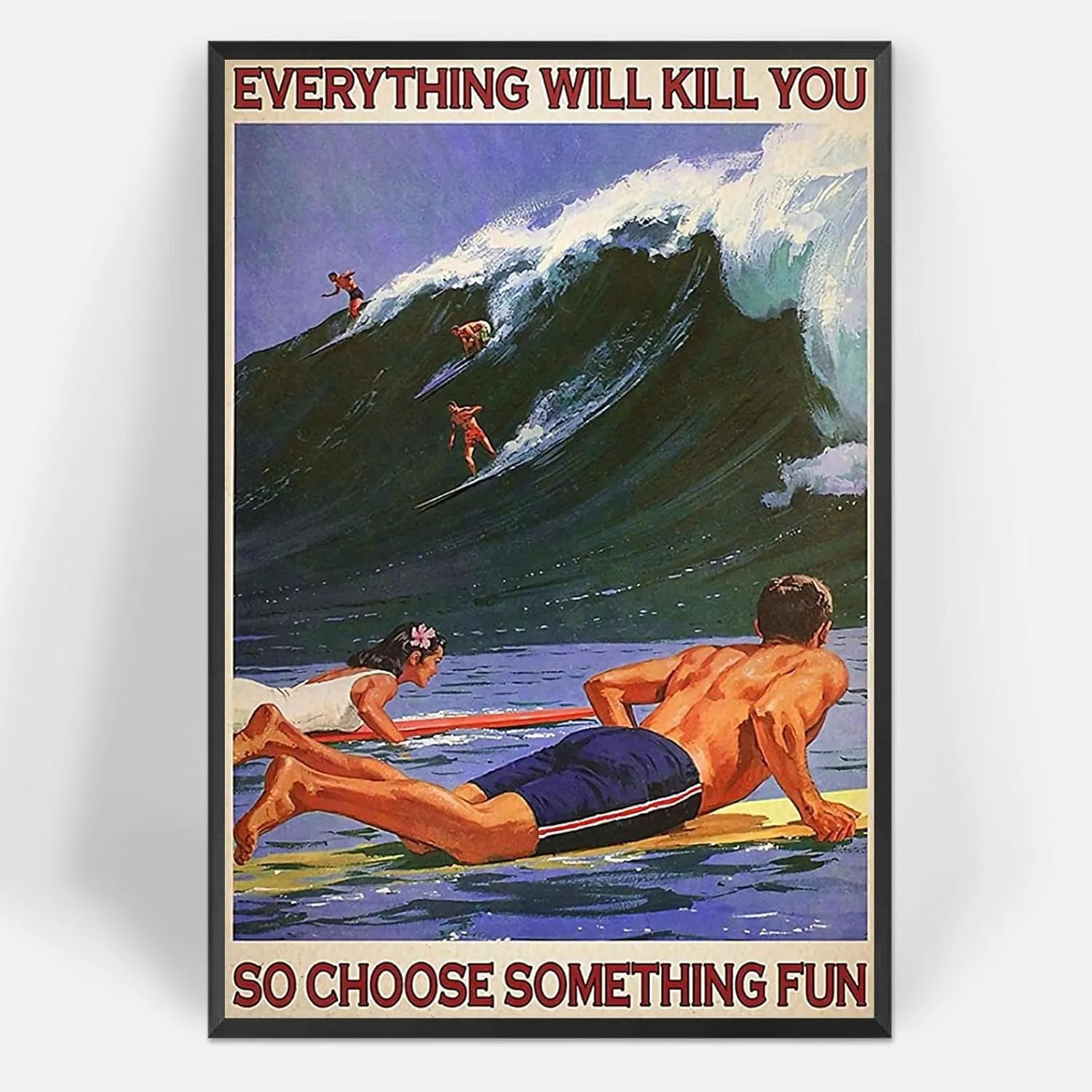 Enveable Retro Hawaii Surfing Fun Poster Summer Tropical Beach Hawaiian Island Beach Art Blue Ocean Wave Surfer Water Sport Surfboard Prints For Home Bedroom Dorm Bathroom Wall Decor 12x16in Framed