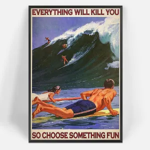 Enveable Retro Hawaii Surfing Fun Poster Summer Tropical Beach Hawaiian Island Beach Art Blue Ocean Wave Surfer Water Sport Surfboard Prints For Home Bedroom Dorm Bathroom Wall Decor 12x16in Framed