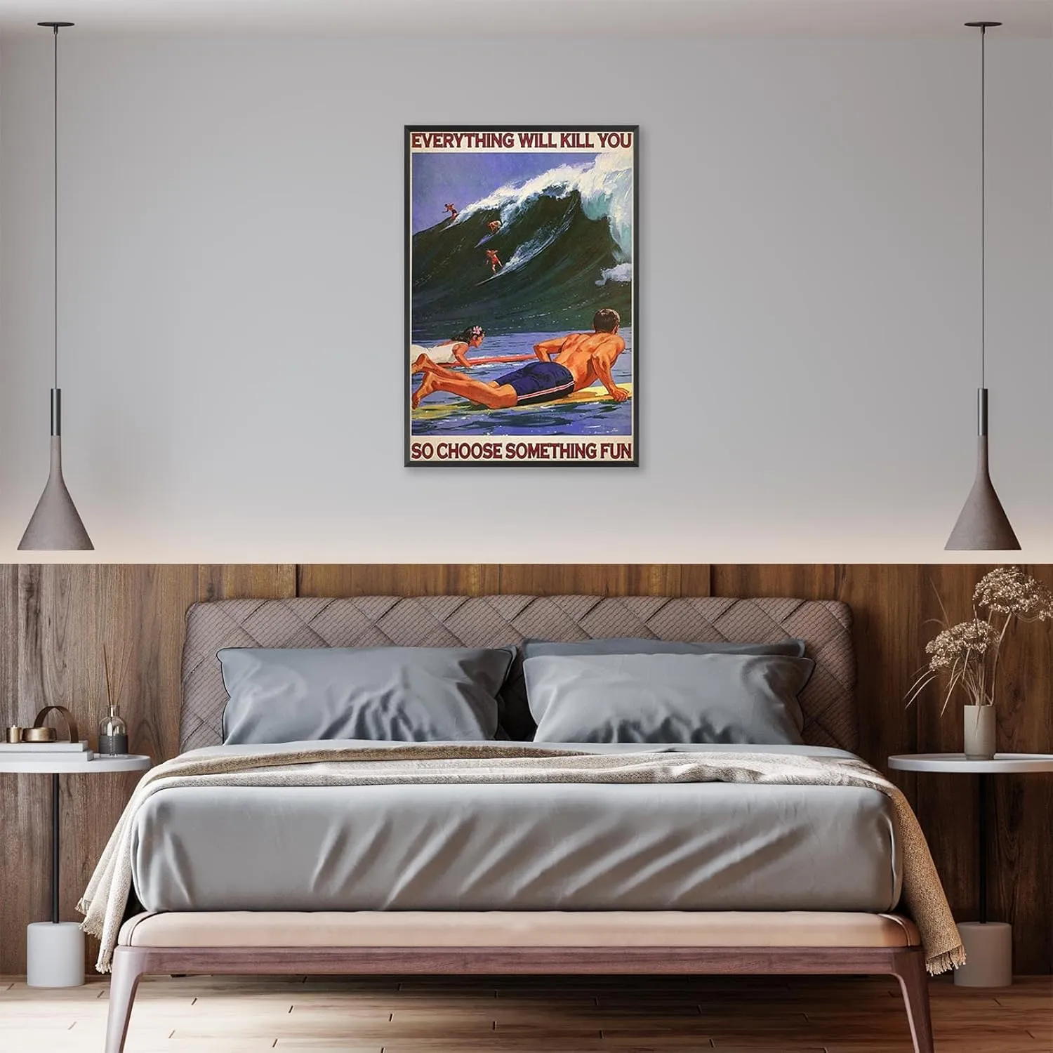 Enveable Retro Hawaii Surfing Fun Poster Summer Tropical Beach Hawaiian Island Beach Art Blue Ocean Wave Surfer Water Sport Surfboard Prints For Home Bedroom Dorm Bathroom Wall Decor 12x16in Framed