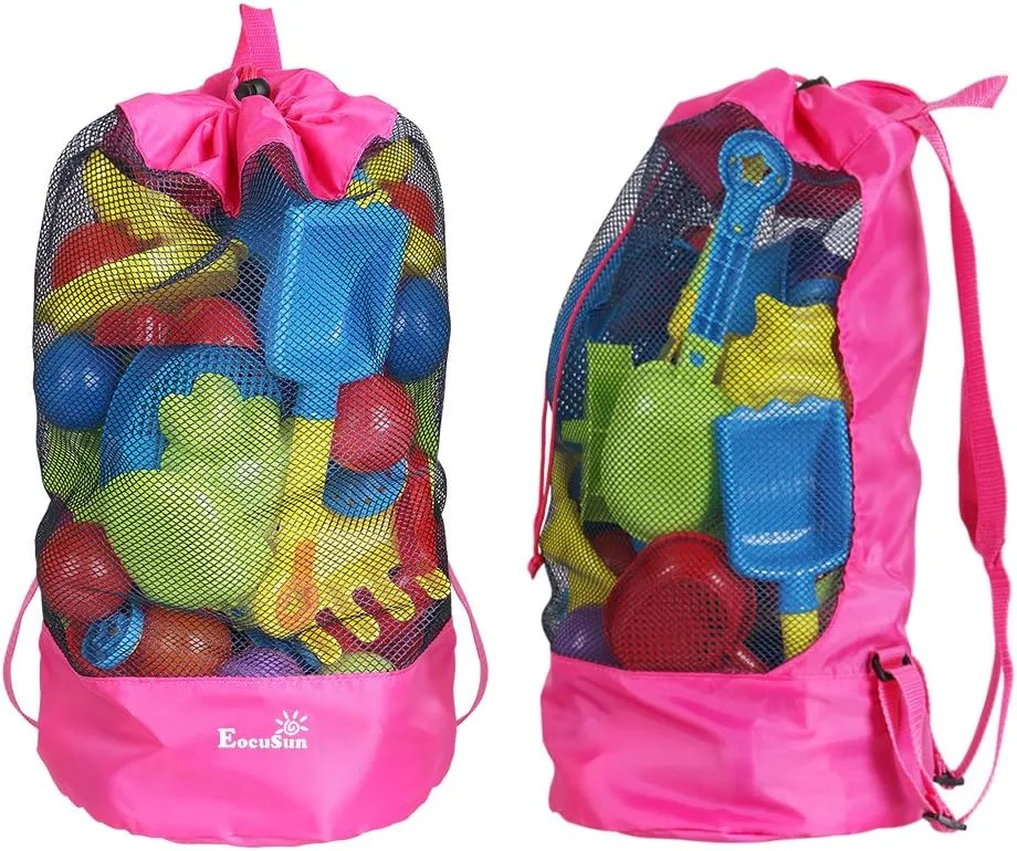 EocuSun Large Mesh Beach Bag Tote Durable Sand Away Drawstring Beach Backpack Swim and Pool Toys Balls Storage Bags Packs, Stay Away from Sand and Water, Toy Not Included
