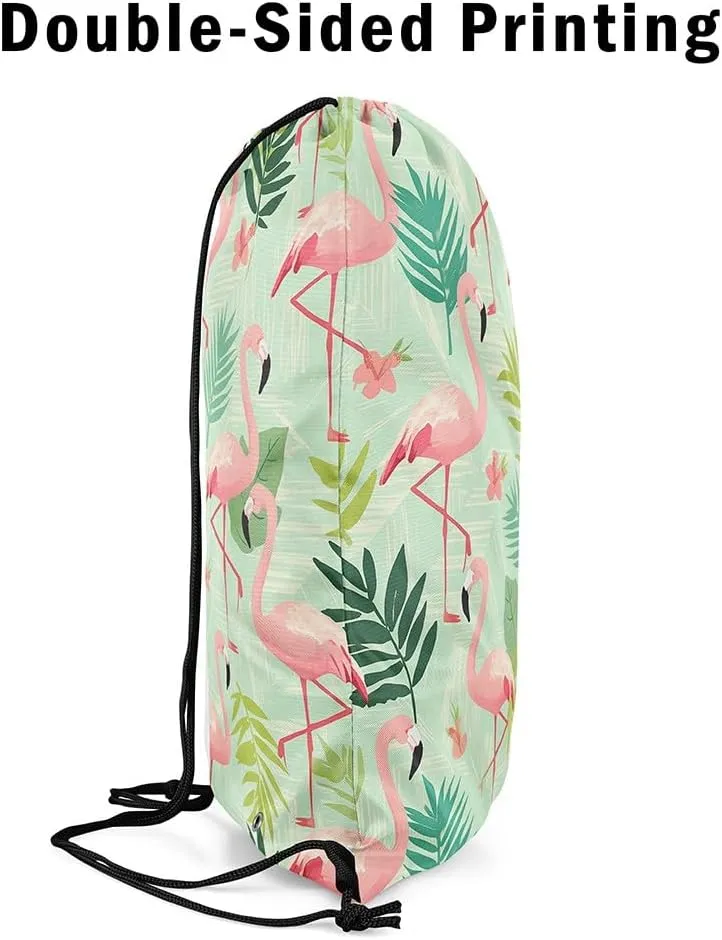 Erosebridal Flamingo Draw String Back Bag 13x15.7,Green Palm Tree Leaves Drawstring Bags,Tropical Drawstring Backpack,Wetland Wild Animals Wildlife Cinch Bag,Pink Birds String Backpack for Sport Gym