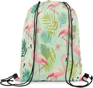 Erosebridal Flamingo Draw String Back Bag 13x15.7,Green Palm Tree Leaves Drawstring Bags,Tropical Drawstring Backpack,Wetland Wild Animals Wildlife Cinch Bag,Pink Birds String Backpack for Sport Gym