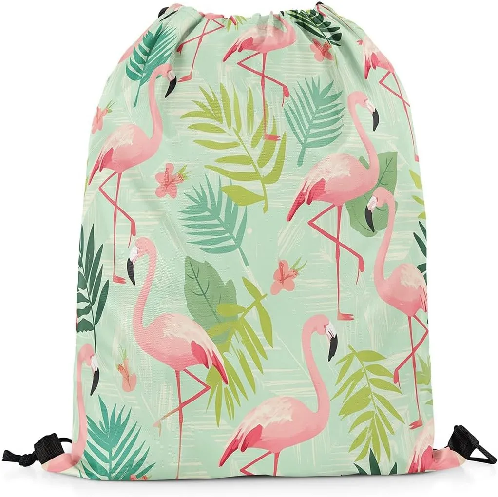 Erosebridal Flamingo Draw String Back Bag 13x15.7,Green Palm Tree Leaves Drawstring Bags,Tropical Drawstring Backpack,Wetland Wild Animals Wildlife Cinch Bag,Pink Birds String Backpack for Sport Gym
