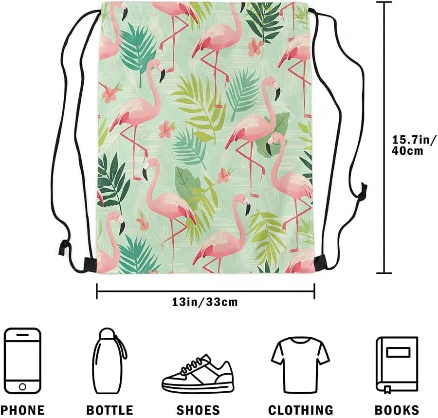 Erosebridal Flamingo Draw String Back Bag 13x15.7,Green Palm Tree Leaves Drawstring Bags,Tropical Drawstring Backpack,Wetland Wild Animals Wildlife Cinch Bag,Pink Birds String Backpack for Sport Gym
