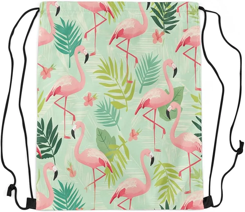 Erosebridal Flamingo Draw String Back Bag 13x15.7,Green Palm Tree Leaves Drawstring Bags,Tropical Drawstring Backpack,Wetland Wild Animals Wildlife Cinch Bag,Pink Birds String Backpack for Sport Gym