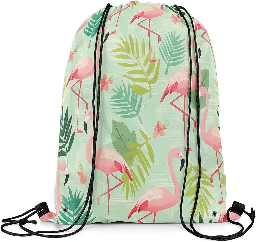 Erosebridal Flamingo Draw String Back Bag 13x15.7,Green Palm Tree Leaves Drawstring Bags,Tropical Drawstring Backpack,Wetland Wild Animals Wildlife Cinch Bag,Pink Birds String Backpack for Sport Gym