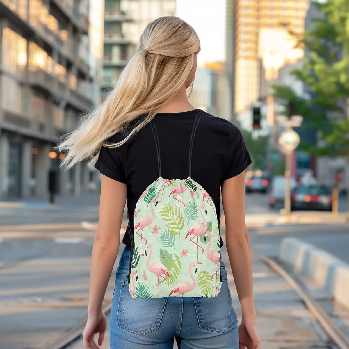 Erosebridal Flamingo Draw String Back Bag 13x15.7,Green Palm Tree Leaves Drawstring Bags,Tropical Drawstring Backpack,Wetland Wild Animals Wildlife Cinch Bag,Pink Birds String Backpack for Sport Gym