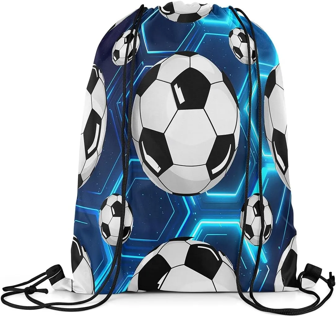 Erosebridal Football 13x15.7 Drawstring Backpack, Blue Glowing Neon Lights Drawstring Bags, Honeycomb Grid Retro Simple Style Draw String Back Bag, Polka Dots Ball Game Print String Backpack, Blue