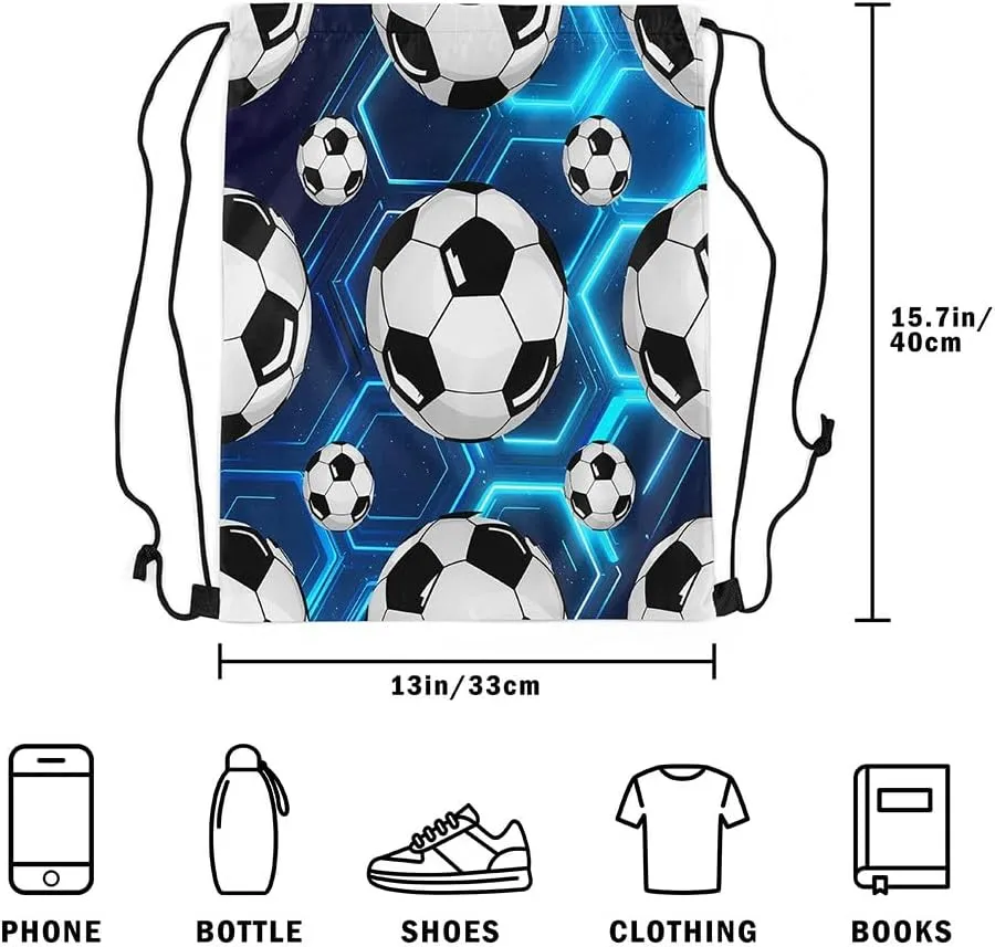 Erosebridal Football 13x15.7 Drawstring Backpack, Blue Glowing Neon Lights Drawstring Bags, Honeycomb Grid Retro Simple Style Draw String Back Bag, Polka Dots Ball Game Print String Backpack, Blue
