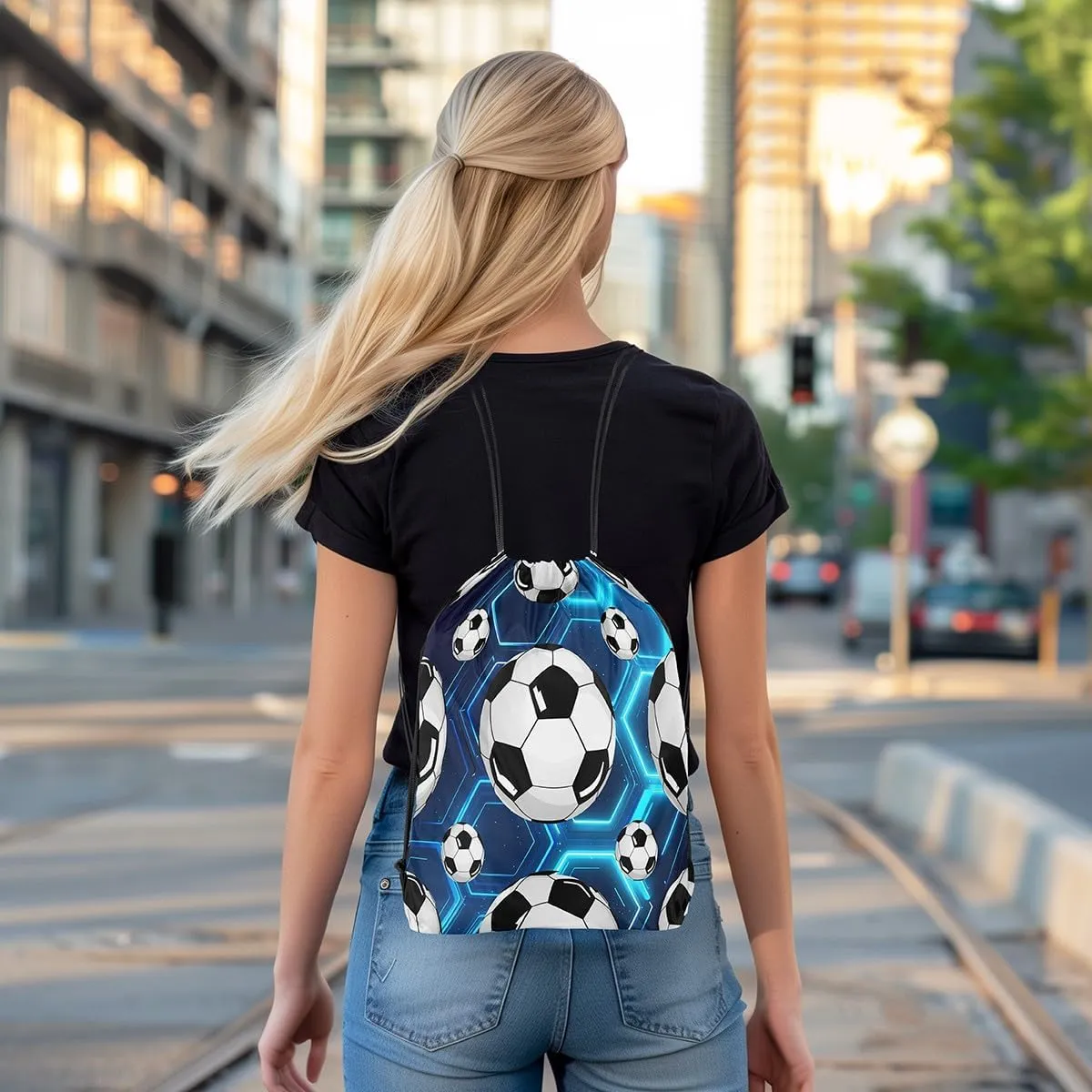 Erosebridal Football 13x15.7 Drawstring Backpack, Blue Glowing Neon Lights Drawstring Bags, Honeycomb Grid Retro Simple Style Draw String Back Bag, Polka Dots Ball Game Print String Backpack, Blue