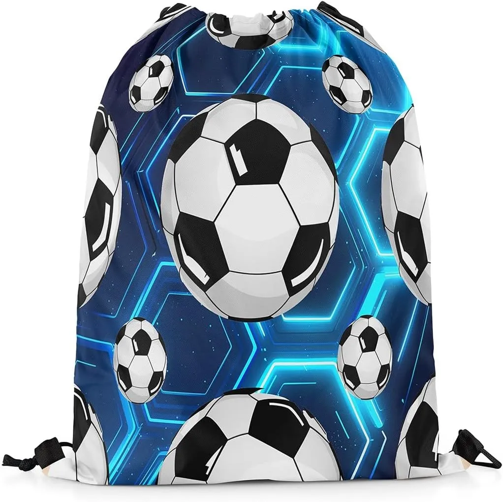 Erosebridal Football 13x15.7 Drawstring Backpack, Blue Glowing Neon Lights Drawstring Bags, Honeycomb Grid Retro Simple Style Draw String Back Bag, Polka Dots Ball Game Print String Backpack, Blue