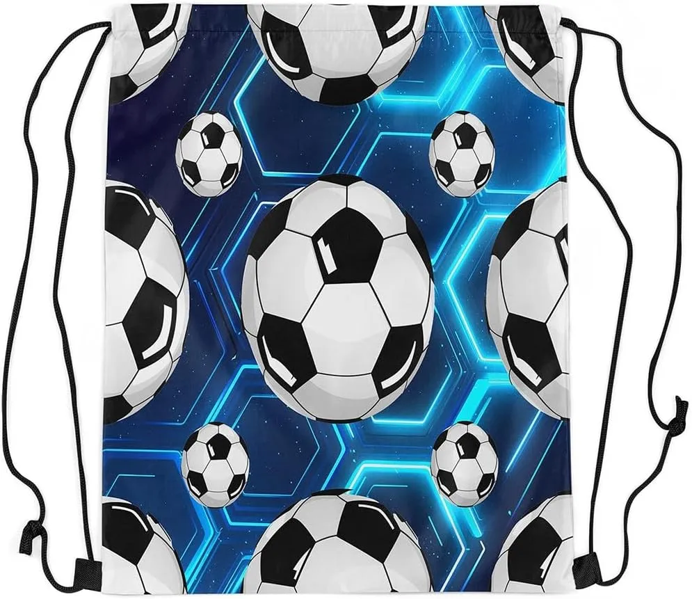 Erosebridal Football 13x15.7 Drawstring Backpack, Blue Glowing Neon Lights Drawstring Bags, Honeycomb Grid Retro Simple Style Draw String Back Bag, Polka Dots Ball Game Print String Backpack, Blue