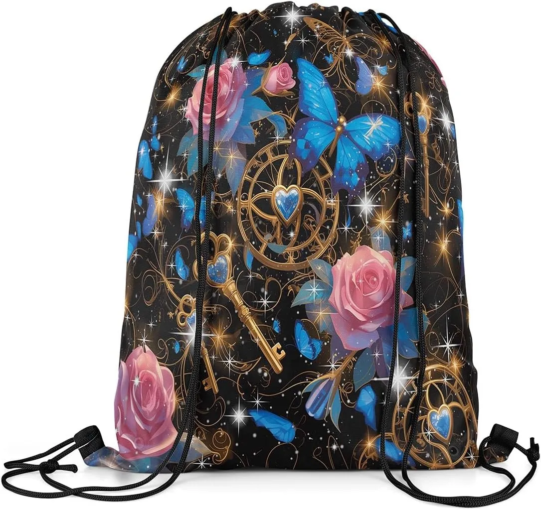 Erosebridal Rose Drawstring Backpack 13x15.7, Butterfly Flowers Drawstring Bags For Gym Swim Yoga, Lock Keys Foldable Draw String Back Bag, Pink Blue Black Shiny Mystical Decorative Cinch Bag