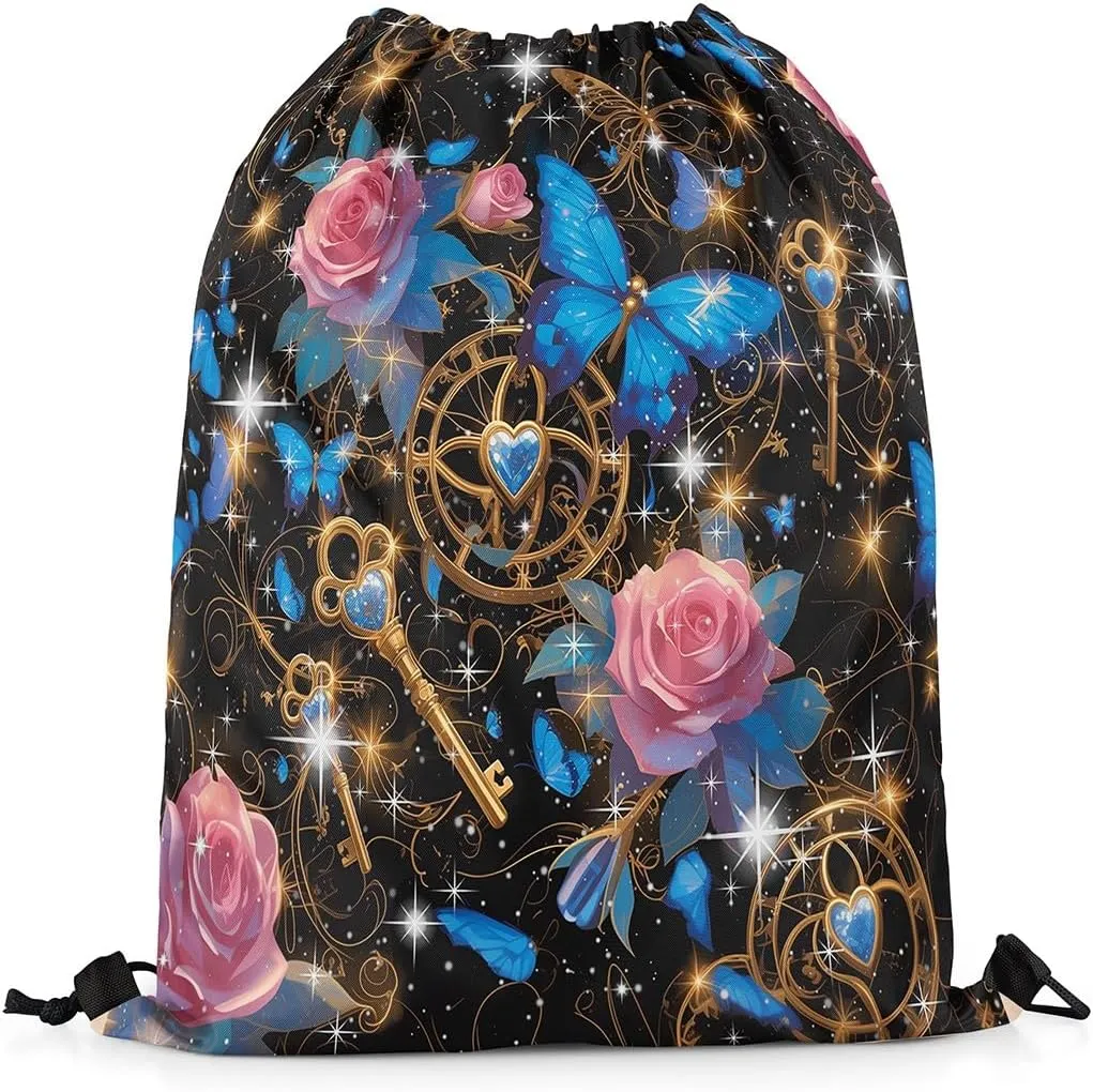 Erosebridal Rose Drawstring Backpack 13x15.7, Butterfly Flowers Drawstring Bags For Gym Swim Yoga, Lock Keys Foldable Draw String Back Bag, Pink Blue Black Shiny Mystical Decorative Cinch Bag