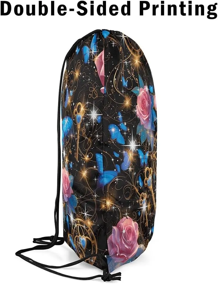 Erosebridal Rose Drawstring Backpack 13x15.7, Butterfly Flowers Drawstring Bags For Gym Swim Yoga, Lock Keys Foldable Draw String Back Bag, Pink Blue Black Shiny Mystical Decorative Cinch Bag