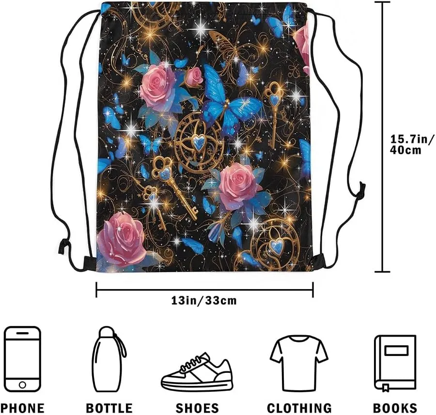 Erosebridal Rose Drawstring Backpack 13x15.7, Butterfly Flowers Drawstring Bags For Gym Swim Yoga, Lock Keys Foldable Draw String Back Bag, Pink Blue Black Shiny Mystical Decorative Cinch Bag