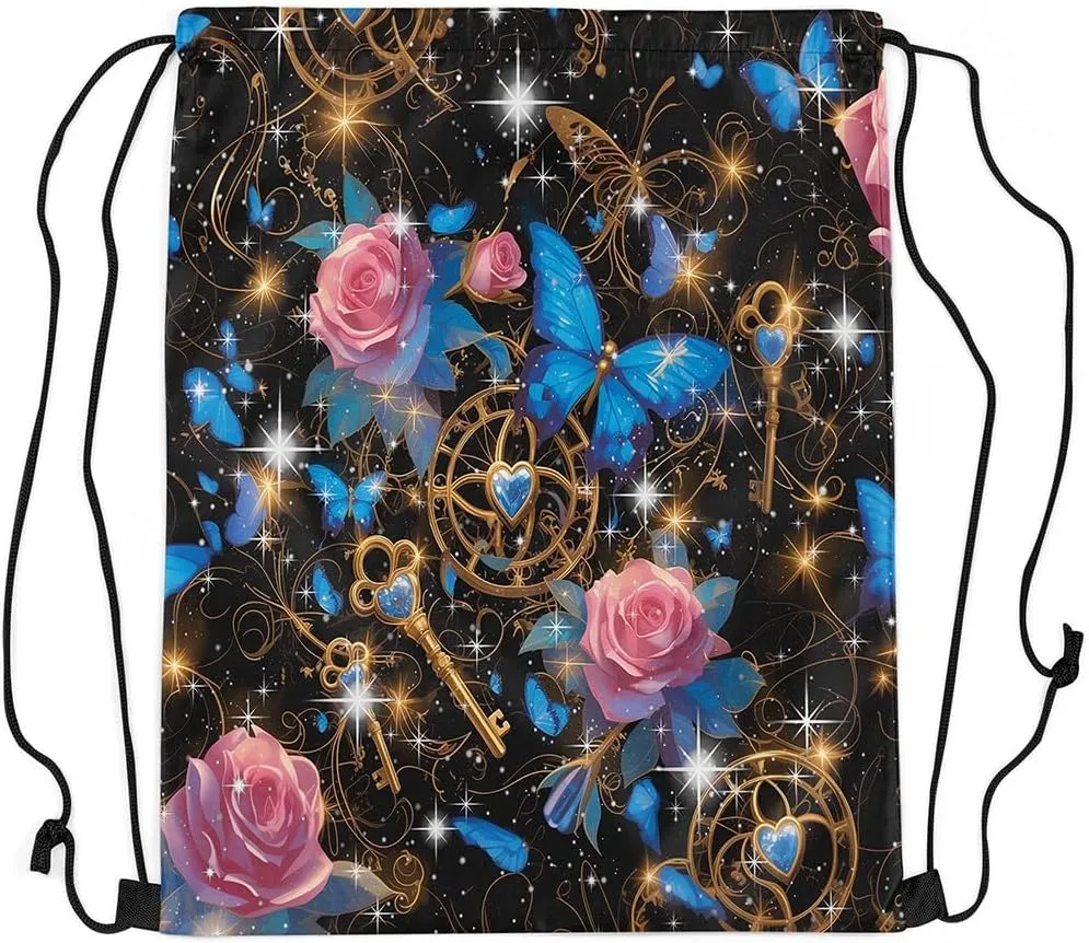Erosebridal Rose Drawstring Backpack 13x15.7, Butterfly Flowers Drawstring Bags For Gym Swim Yoga, Lock Keys Foldable Draw String Back Bag, Pink Blue Black Shiny Mystical Decorative Cinch Bag