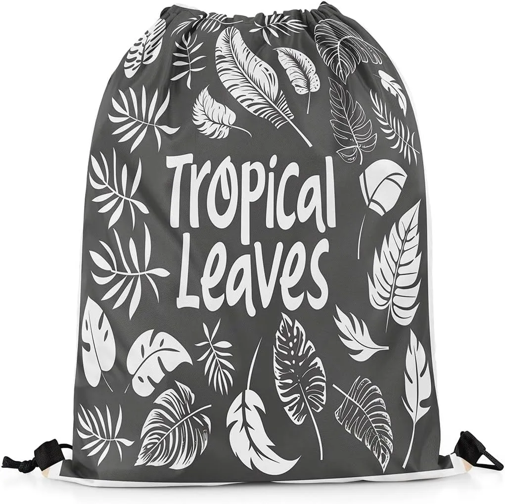 Erosebridal Tropical Palm Leaves String Backpack Summer Hawaiian Drawstring Bags Monstera Banana Leaves Cinch Bag Jungle Nature theme Black White Draw String Back Bag 13X15.7