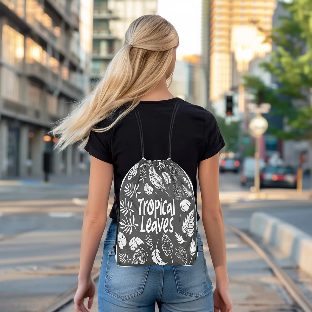 Erosebridal Tropical Palm Leaves String Backpack Summer Hawaiian Drawstring Bags Monstera Banana Leaves Cinch Bag Jungle Nature theme Black White Draw String Back Bag 13X15.7