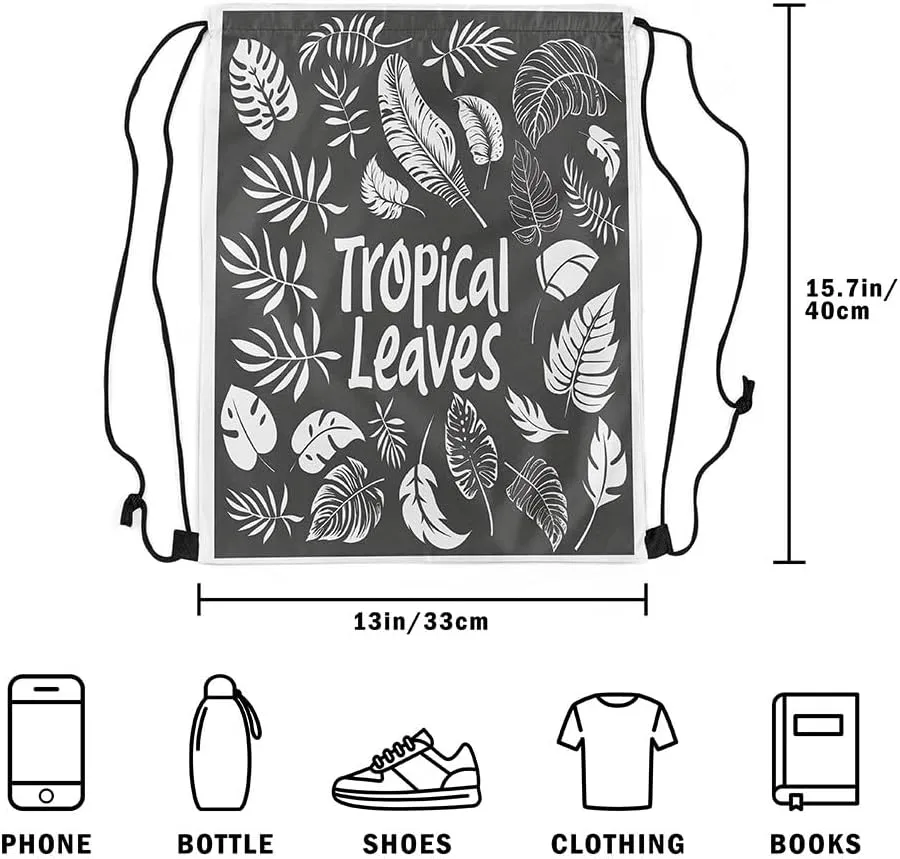 Erosebridal Tropical Palm Leaves String Backpack Summer Hawaiian Drawstring Bags Monstera Banana Leaves Cinch Bag Jungle Nature theme Black White Draw String Back Bag 13X15.7