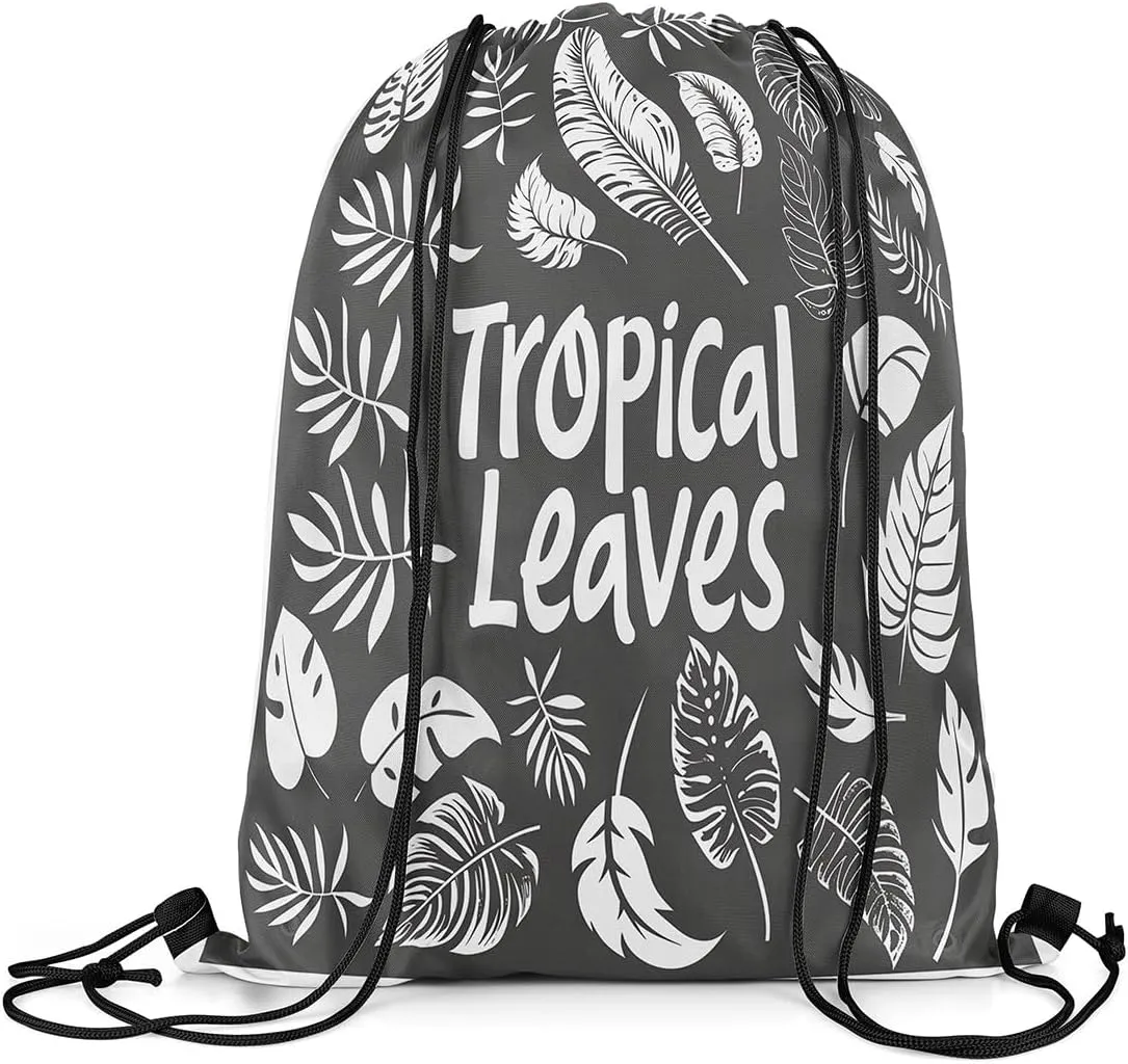 Erosebridal Tropical Palm Leaves String Backpack Summer Hawaiian Drawstring Bags Monstera Banana Leaves Cinch Bag Jungle Nature theme Black White Draw String Back Bag 13X15.7