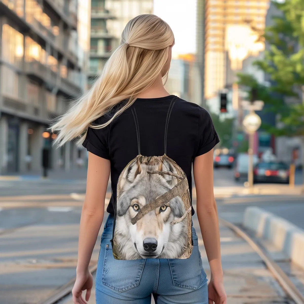 Erosebridal Wildlife Wolf String Backpack 3D Wolf Pattern Draw String Back Bag Wild Animal Drawstring Backpack Brown Wolf Hunting Drawstring Bags For Sport Gym Swim Yoga,13X15.7