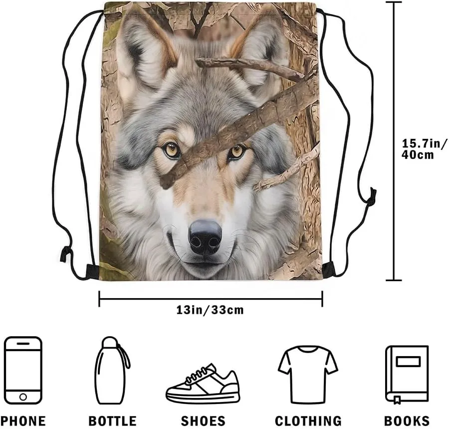 Erosebridal Wildlife Wolf String Backpack 3D Wolf Pattern Draw String Back Bag Wild Animal Drawstring Backpack Brown Wolf Hunting Drawstring Bags For Sport Gym Swim Yoga,13X15.7