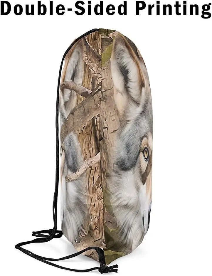Erosebridal Wildlife Wolf String Backpack 3D Wolf Pattern Draw String Back Bag Wild Animal Drawstring Backpack Brown Wolf Hunting Drawstring Bags For Sport Gym Swim Yoga,13X15.7
