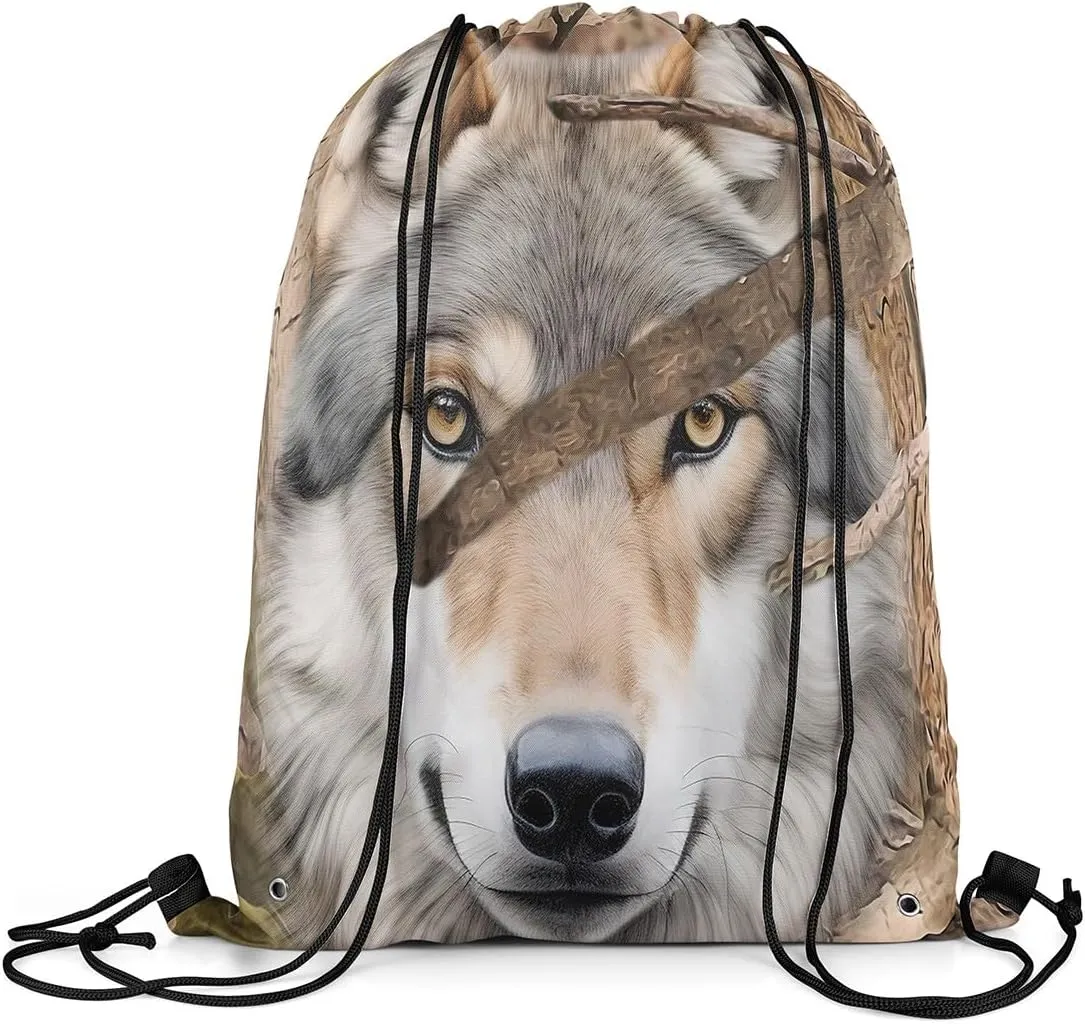 Erosebridal Wildlife Wolf String Backpack 3D Wolf Pattern Draw String Back Bag Wild Animal Drawstring Backpack Brown Wolf Hunting Drawstring Bags For Sport Gym Swim Yoga,13X15.7