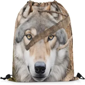 Erosebridal Wildlife Wolf String Backpack 3D Wolf Pattern Draw String Back Bag Wild Animal Drawstring Backpack Brown Wolf Hunting Drawstring Bags For Sport Gym Swim Yoga,13X15.7