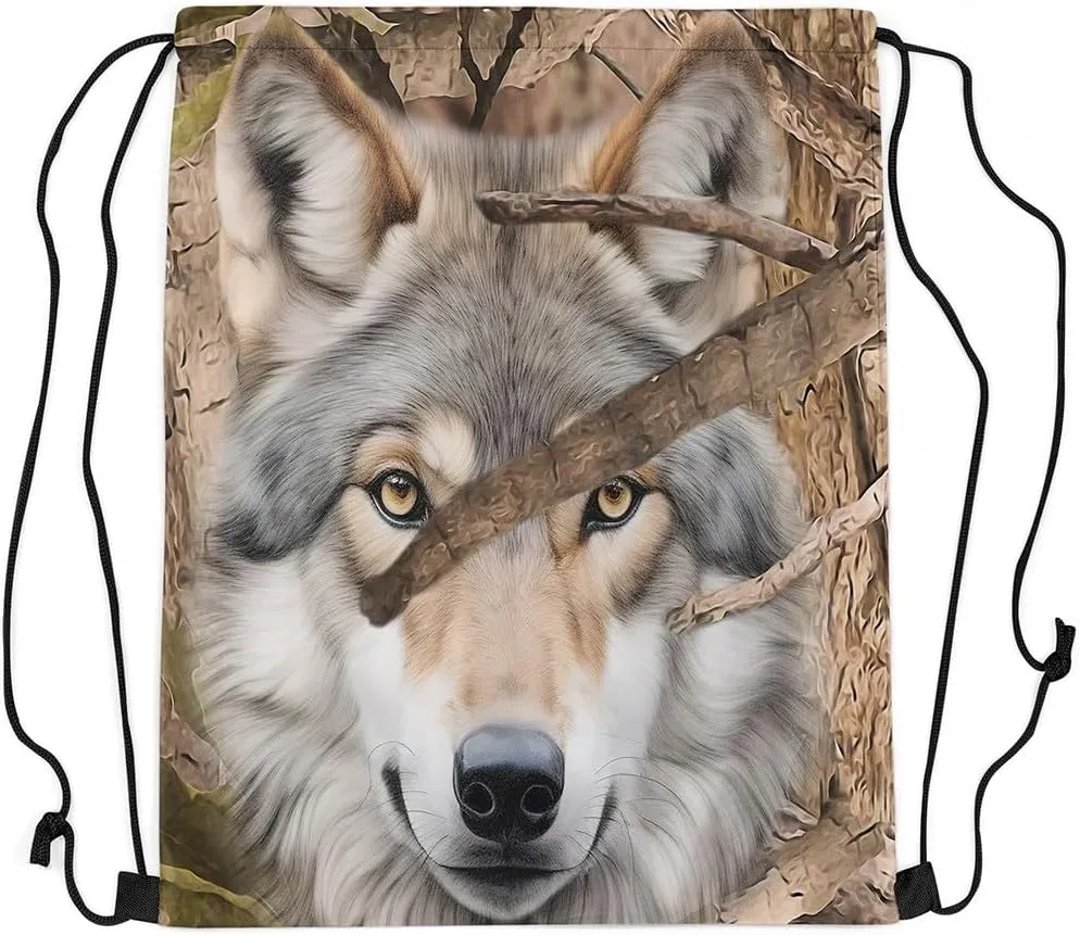Erosebridal Wildlife Wolf String Backpack 3D Wolf Pattern Draw String Back Bag Wild Animal Drawstring Backpack Brown Wolf Hunting Drawstring Bags For Sport Gym Swim Yoga,13X15.7