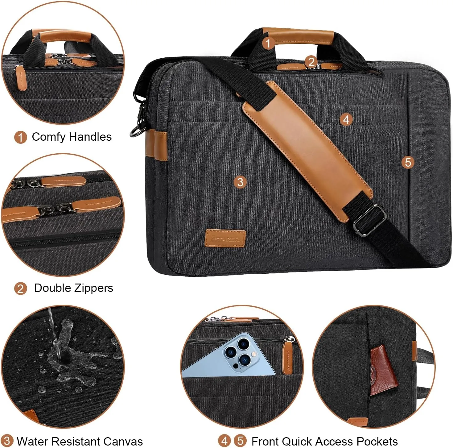 ESTARER 3 In 1 Laptop Bag for Men, 17-17.3 Inch Computer Bag Laptop Backpack for Work/Travel/Business, Convertible Briefcase Water resistant Canvas Messenger Backpack (Dark Grey)