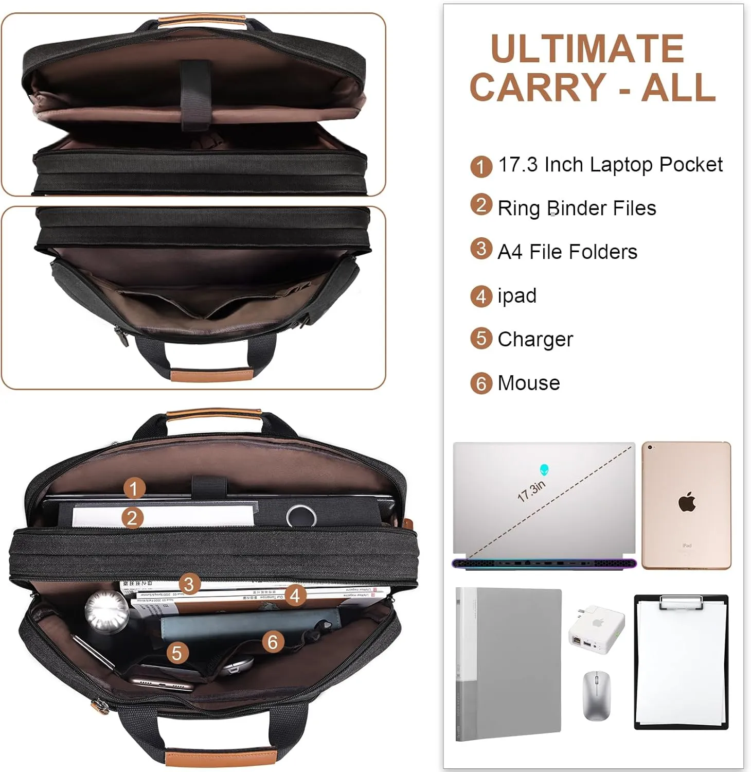 ESTARER 3 In 1 Laptop Bag for Men, 17-17.3 Inch Computer Bag Laptop Backpack for Work/Travel/Business, Convertible Briefcase Water resistant Canvas Messenger Backpack (Dark Grey)