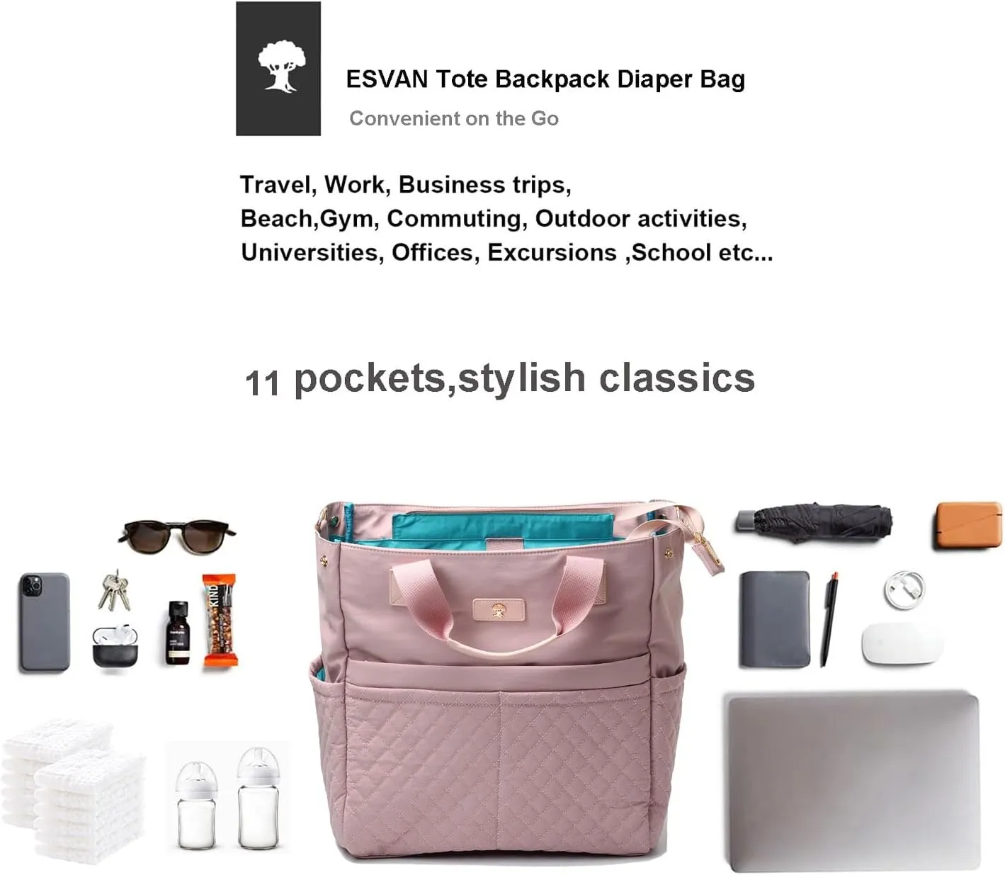 ESVAN Diaper Tote Bag Totepack Backpack Crossbody Bag 3 in 1 for Women Laptop Backpack Multifunctional with Insulated Pockets