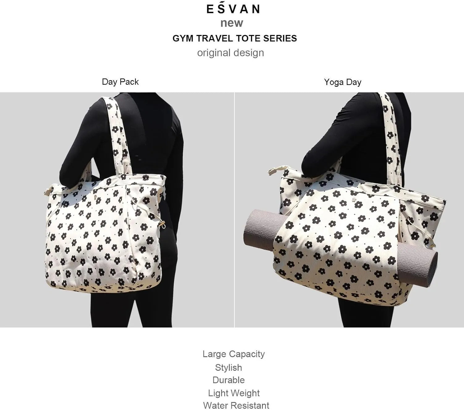 ESVAN Yoga Tote Bag for Women Shoulder Bags Drawstring for Office Workout Travel Carryall Pilates Gym and Beach