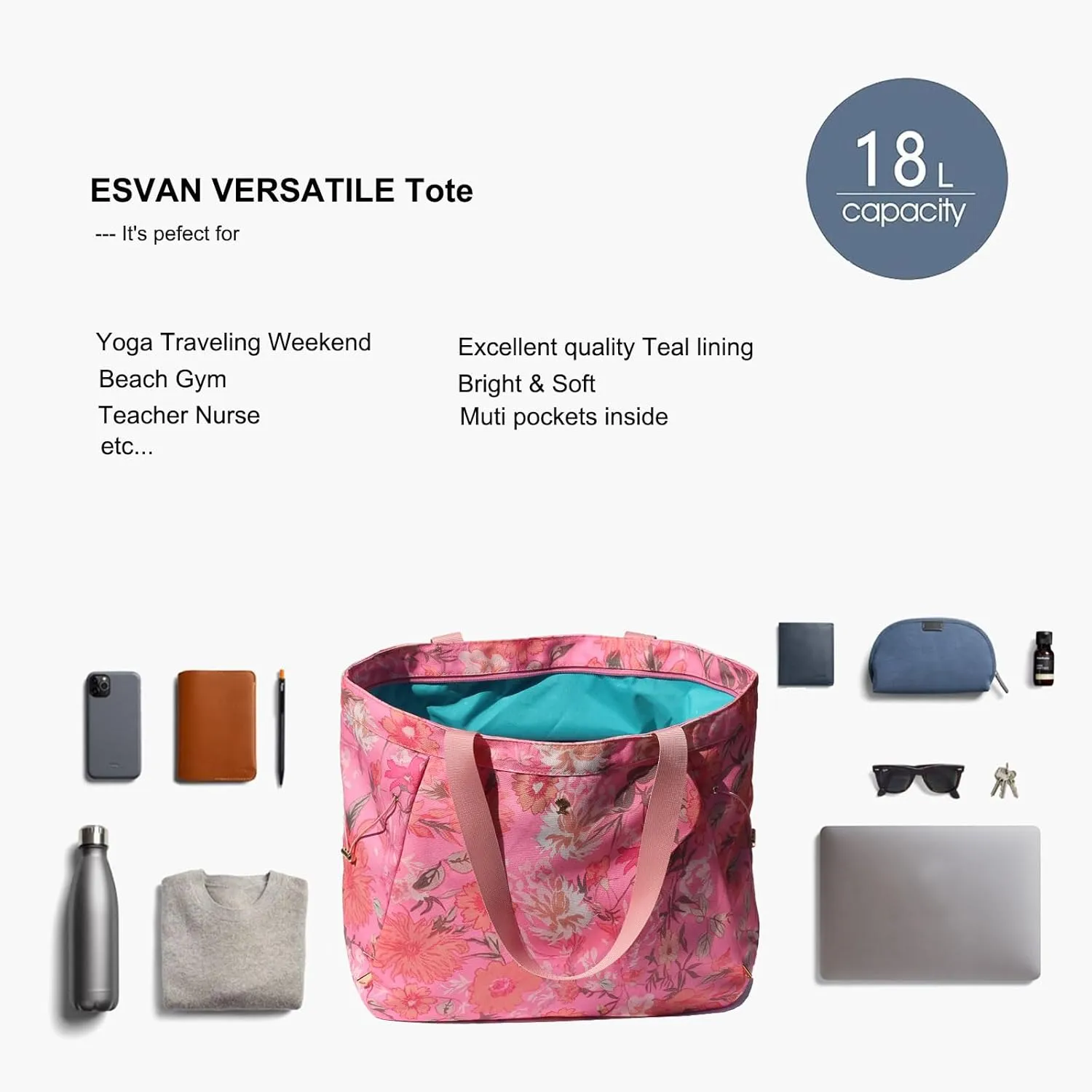 ESVAN Yoga Tote Bag for Women Shoulder Bags Drawstring for Office Workout Travel Carryall Pilates Gym and Beach